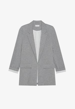 Light gray blazer made of knitted fabric, featuring a lapel collar, two front pockets, and striped inner lining visible at the cuffs.
