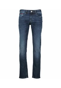 Jeans de mezclilla azul con un corte recto, diseño de cinco bolsillos y cierre de botón metálico. Presenta costuras en contraste y un ligero desvanecimiento.
