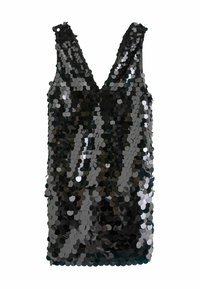 Rochie neagră fără mâneci, acoperită cu paiete circulare, cu un decolteu în V, formă ajustată, textură lucioasă, cu variații de tonuri deschise și închise.
