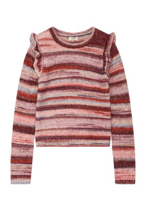 Pull en tricot avec des manches longues, un col rond et des accents en volants, présentant des rayures horizontales dans des tons de rose, rouge et bleu.