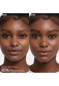 Immagini prima e dopo di pelle scura, evidenziando una texture liscia, un naturale splendore e una tonalità etichettata come "Dark Neutral" per toni pescati caldi o toni freddi.