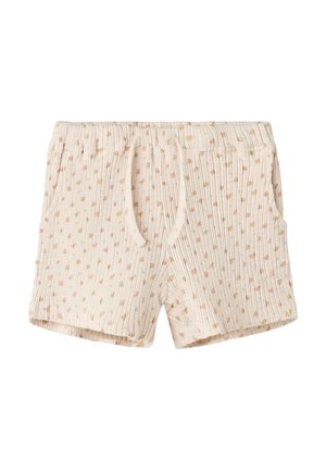 Beige geribde stoffen shorts met kleine bruine polkadots, elastische tailleband, voorzakken en een losse pasvorm.