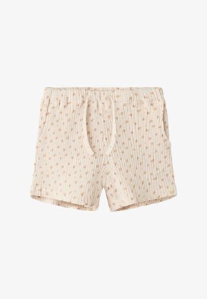 Beige geribde stoffen shorts met kleine bruine polkadots, elastische tailleband, voorzakken en een losse pasvorm.