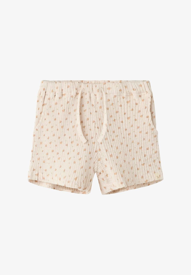 Shorts en tissu côtelé beige avec petits pois marron, taille élastique, poches avant et coupe ample.