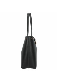 Sac fourre-tout en cuir noir avec un design effilé, double poignées, accents en métal doré et couture visible le long des bords.
