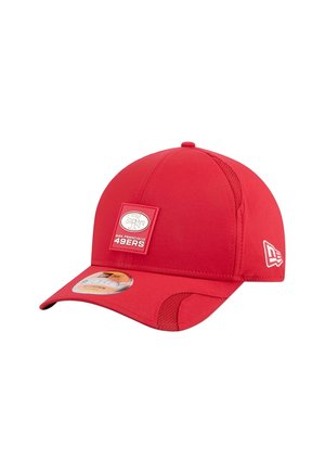 Red baseball cap made of fabric with a smooth texture. Features a square San Francisco 49ers logo patch on the front and mesh details on the sides.
