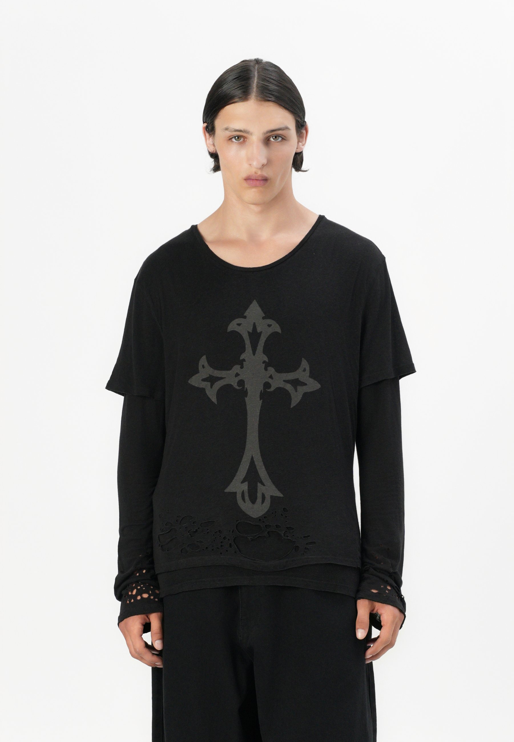 Jaded London DOUBLE LAYER DISTRESSED - Long sleeved top - black 