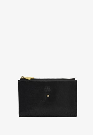 Portefeuille en cuir noir texturé avec détail étoile dorée et tirette de fermeture éclair dorée sur fond blanc uni.