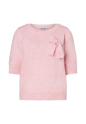 Soft pink knitted toddler sweater with short sleeves and a decorative bow on the upper left chest.