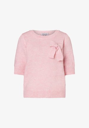 Zachtroze gebreide trui voor peuters met korte mouwen en een decoratieve strik op de bovenste linkerborst.