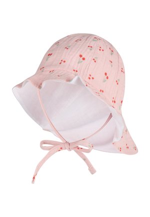 Pink cotton sun hat with small cherry print, slightly ruffled brim, and adjustable chin strap. Lightweight and breathable fabric.
