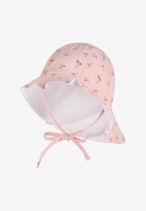 Pink cotton sun hat with small cherry print, slightly ruffled brim, and adjustable chin strap. Lightweight and breathable fabric.