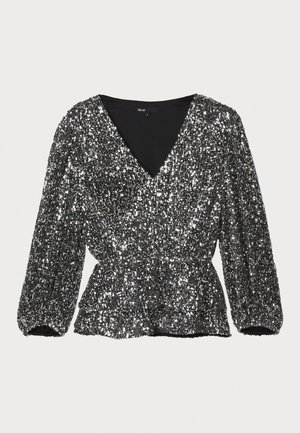 Blusa negra con lentejuelas, con escote en V, mangas abullonadas y cintura fruncida. La textura es brillante y está decorada con lentejuelas.