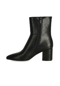 Botas negras hasta el tobillo hechas de material sintético texturizado, con punta afilada, tacón cuadrado y cremallera lateral para el cierre.