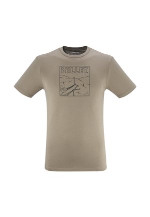 T-shirt en coton beige à manches courtes, arborant un graphique noir d'une main et de cordes dans un design de logo carré sur le devant.