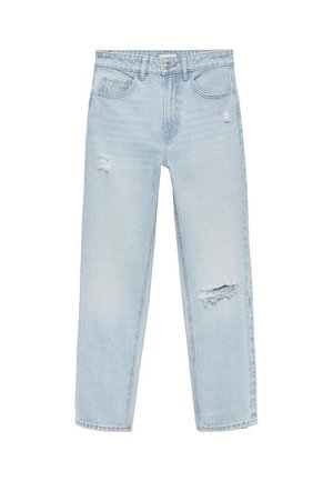 Jasnoniebieskie dżinsy z denimu o wysokim stanie i prostych nogawkach. Charakteryzują się przetarciami na przodzie oraz tradycyjnym krojem z pięcioma kieszeniami.
