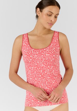 Korallfarbener Tanktop mit floralem Muster, runder Ausschnitt und zarter, gewellter Kanteneinfassung. Aus weichem, leichtem Stoff gefertigt.