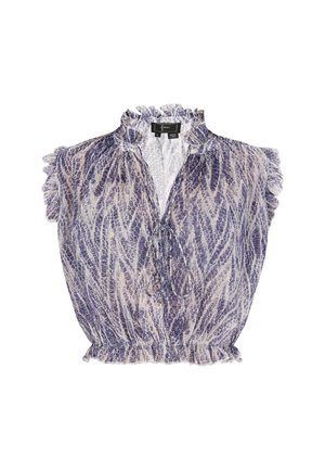 Blusa de color púrpura y crema con estampado, mangas con volantes, escote fruncido y detalle de lazo, confeccionada en tejido ligero y texturizado.