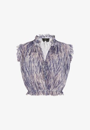 Fioletowa i kremowa bluzka w wzór z falbaniastymi rękawami, marszczonym dekoltem i detalem nawiązywania, wykonana z lekkiego, teksturowanego materiału.