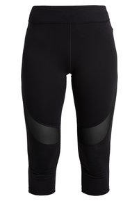 Czarne sportowe legginsy do połowy łydki z wysokim stanem, z przezroczystymi siateczkowymi panelami po bokach oraz gładkim, elastycznym materiałem.