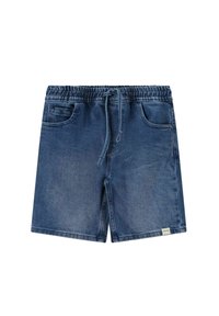 Shorts en denim bleu à taille élastique avec cordon de serrage, deux poches avant et une petite étiquette blanche sur l'ourlet inférieur.