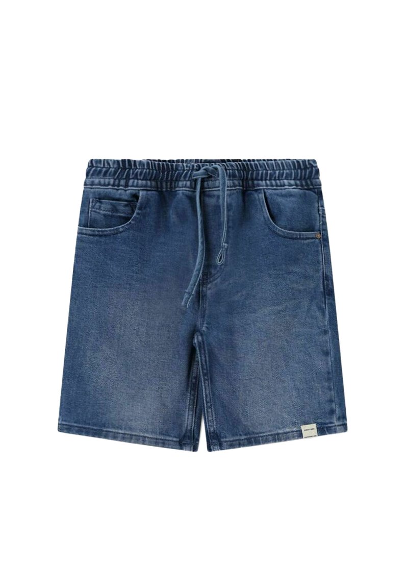 Shorts en denim bleu à taille élastique avec cordon de serrage, deux poches avant et une petite étiquette blanche sur l'ourlet inférieur.