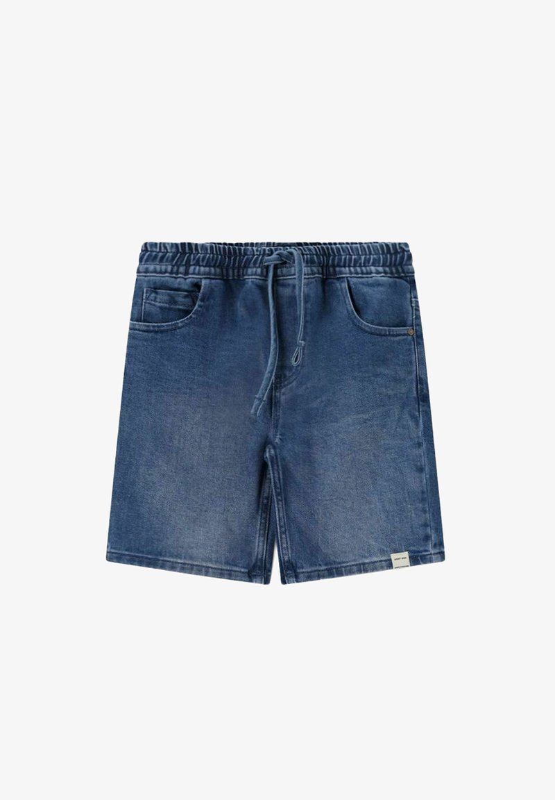 Shorts en denim bleu à taille élastique avec cordon de serrage, deux poches avant et une petite étiquette blanche sur l'ourlet inférieur.