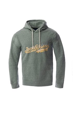 Zielona bluza z kapturem, białymi sznurkami i żółtym napisem "Jack & Jones Worldwide Since 1990" z przodu.