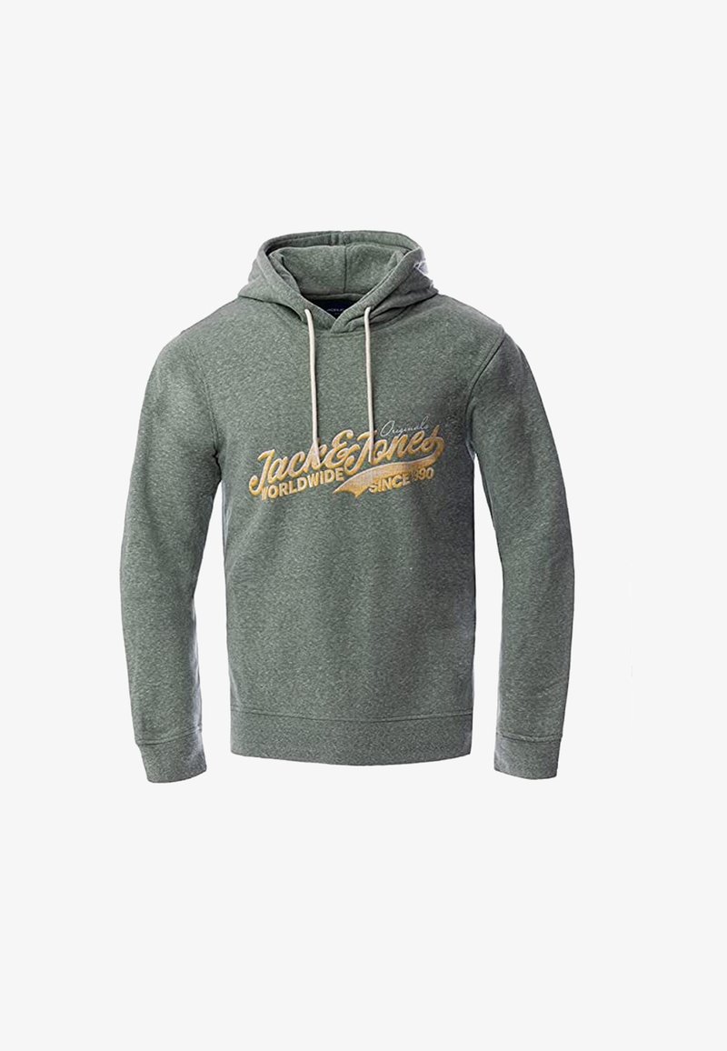 Sweat à capuche vert avec cordons blancs et texte jaune « Jack & Jones Worldwide Since 1990 » sur le devant.