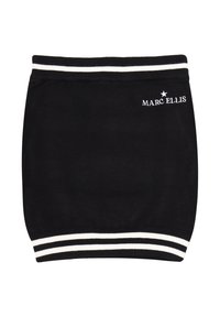Gonna nera a maglia con logo bianco "MARC ELLIS" e doppia striscia bianca sull'orlo. Texture liscia, design aderente, lunghezza a metà coscia.