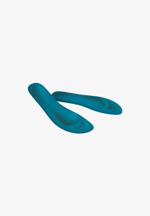 Pair of blue ergonomic gel shoe insoles with arch support and toe contour details on a white background.