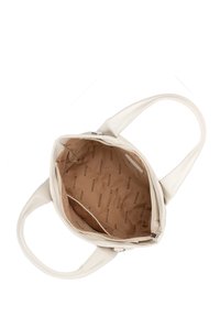 Borsa bianca con due manici, chiusura a zip e una fodera beige con marchio ripetuto. Texture in pelle liscia, forma rettangolare.
