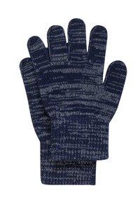 Mørkeblå strikkede hansker med et teksturert mønster, med lysegrå og hvite detaljer. Designet med separate fingerseksjoner for bedre grep.