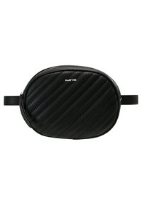 Sac bandoulière noir en simili cuir avec des rayures diagonales matelassées, forme ovale, fermeture zippée et sangle réglable. Logo affiché sur le devant.