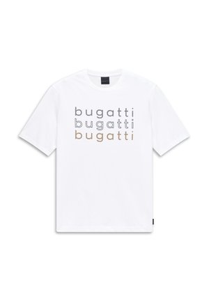 White short-sleeve t-shirt with three "bugatti" logos in black, dark gray, and gold cursive text printed on the chest.