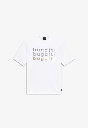 White short-sleeve t-shirt with three "bugatti" logos in black, dark gray, and gold cursive text printed on the chest.