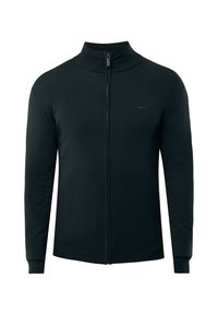Cárdigan negro con cremallera y cuello alto, con puños acanalados y una textura suave. Marca sutil en la zona del pecho.