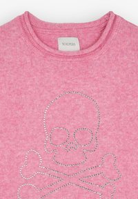 Pink knitted sweater featuring a sparkly skull and crossbones design, made from soft material with a ribbed crew neckline.