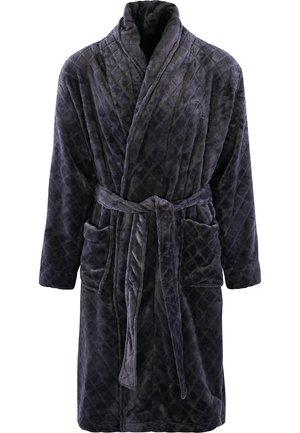 Mørkegrå fleece-kåbe med diamantmønster, lange ærmer, taljebånd og to forlommer. Blød tekstur for varme og komfort.