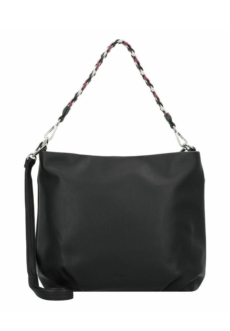 Sac à épaule en cuir noir avec une bandoulière tressée multicolore, équipé de quincaillerie en argent et d'une finition texturée douce.