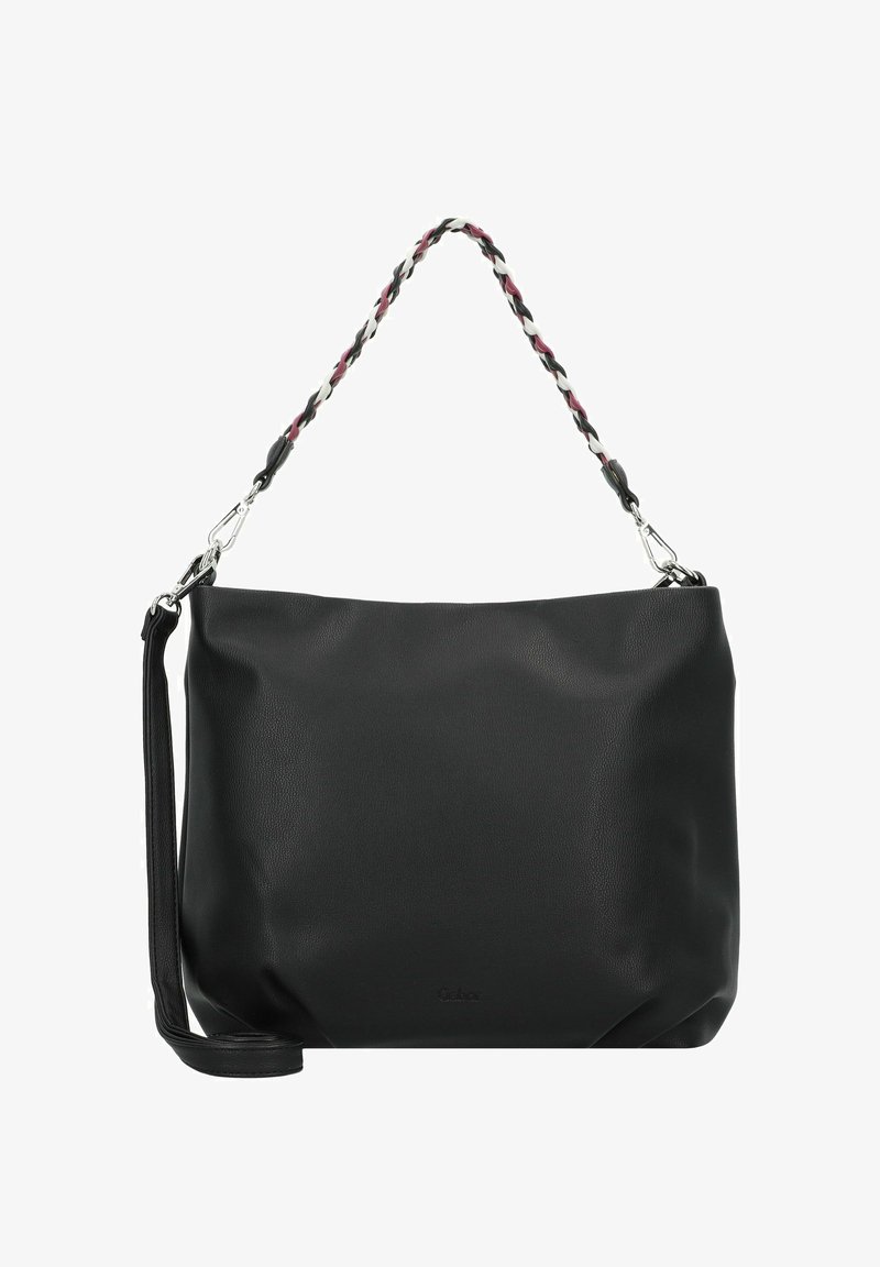 Borsa a spalla in pelle nera con una tracolla intrecciata multicolore, dotata di accessori in argento e una finitura morbida e testurizzata.