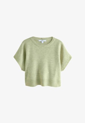 Svetr s krátkým rukávem v světle zelené barvě, vyrobený z měkkého pleteného materiálu. Má kulatý výstřih a detaily s žebrovaným lemováním.