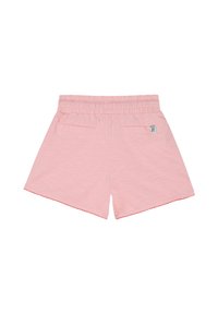 Rosefarbene Shorts mit elastischem Bund, zwei Gesäßtaschen und gesäumten Details. Der Stoff hat eine weiche Textur und ein dezentes Muster.