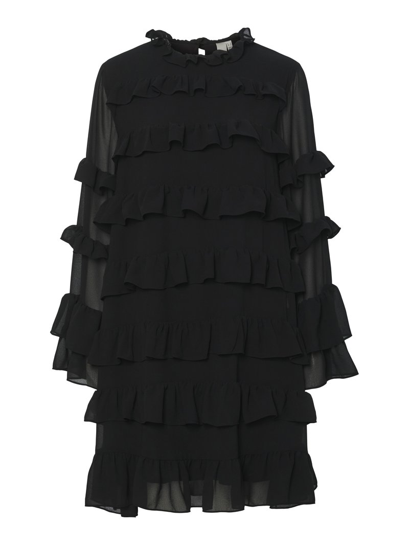 Schwarzes Kleid mit einem Rüschendesign, das lange Ärmel, einen hohen Kragen und mehrere Stufen von Rüschen für Textur und visuelle Details aufweist.