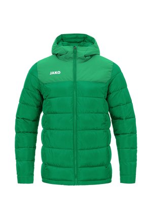 Grüne gesteppte Jacke mit Kapuze, Frontreißverschluss und JAKO-Logo auf der oberen linken Brust, dargestellt vor weißem Hintergrund.