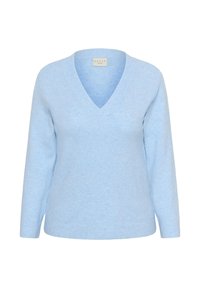 Pull tricot bleu clair avec col en V, manches longues et ourlet côtelé. Le tissu semble doux et texturé avec un motif subtil.