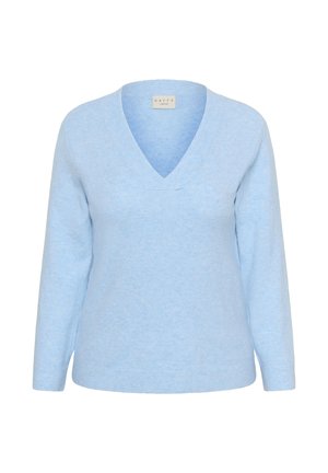 Pull tricot bleu clair avec col en V, manches longues et ourlet côtelé. Le tissu semble doux et texturé avec un motif subtil.
