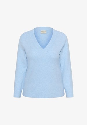 Maglione azzurro chiaro in maglia con scollo a V, maniche lunghe e orlo a coste. Il tessuto sembra morbido e strutturato con un motivo delicato.