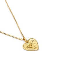 Collana con pendente a forma di cuore in oro, decorato con incisioni floreali e un piccolo accento di diamante, sospeso a una delicata catena. Finitura liscia e texture lucida.