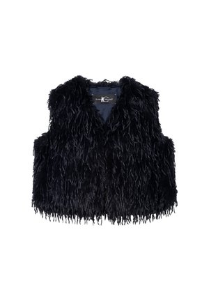 Black faux fur vest with a shaggy texture, sleeveless design, and a rounded neckline. Features a smooth interior lining.